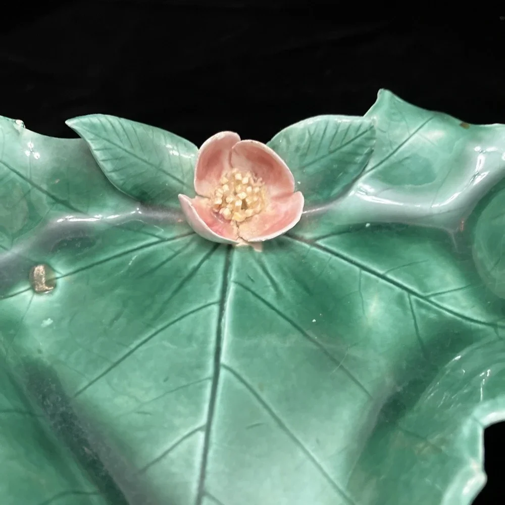 Floral Maple Leaf Ceramic Candy Trinket Dish Ashtray VTG MCM Green Pink Japan